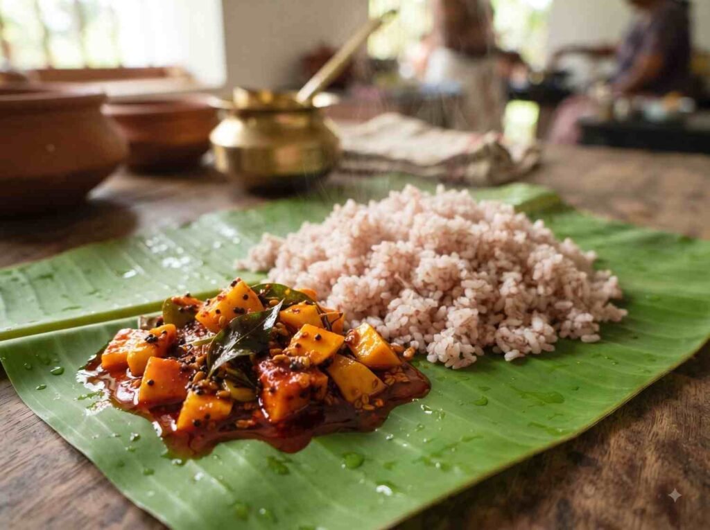 Traditional Kerala homemade mango pickle served with rice
