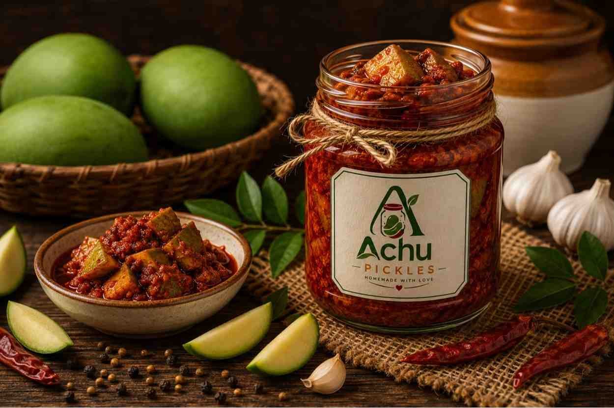 Traditional Kerala mango pickle in a glass jar
